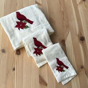 100% Cotton Cardinal Redbird Embroided Bath Towel Set Cream & Red